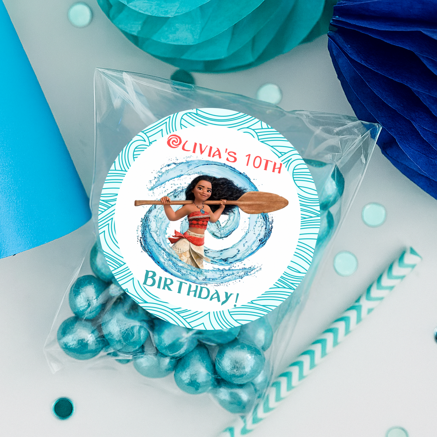 Moana Ocean Wave Birthday Stickers – 2” Round – Custom Party Favor Labels (Set of 20)