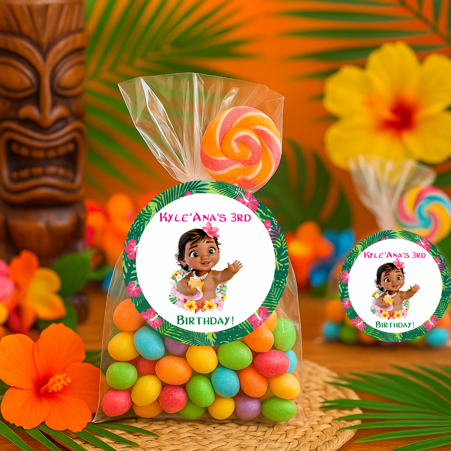 🌺 Baby Moana Inspired Birthday Stickers – 2” Round – Personalized Party Favor Labels (Set of 20)