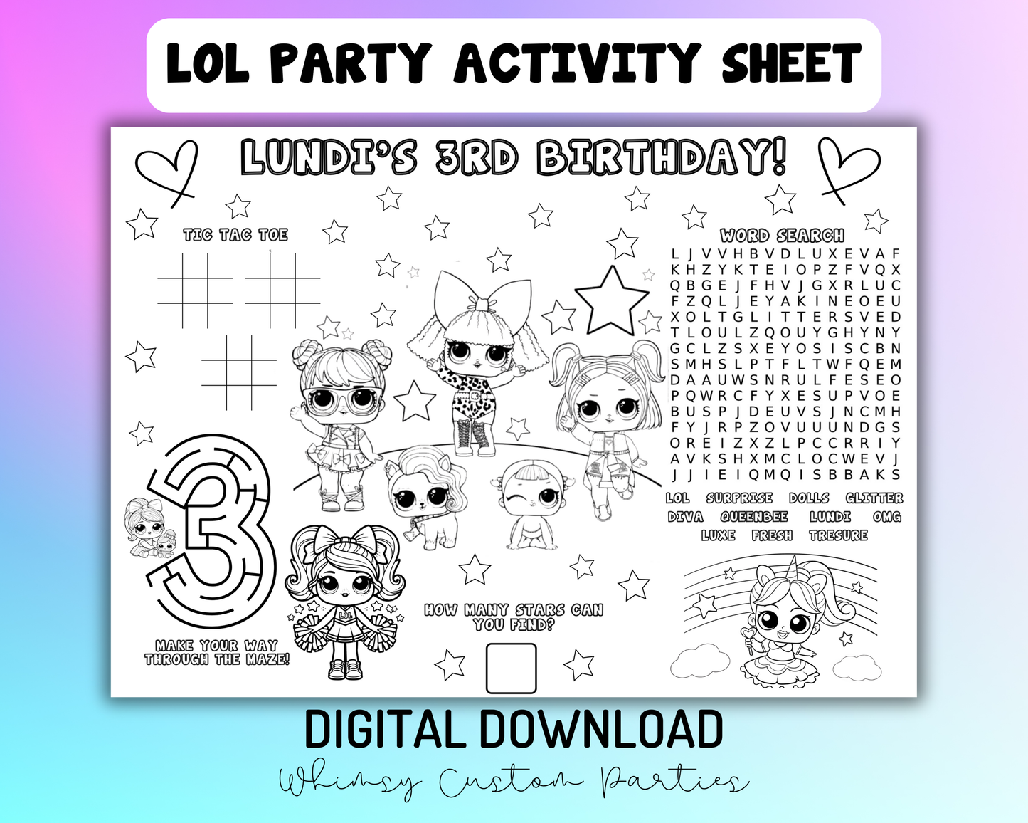 LOL Doll Party Placemat | Download Birthday Activity Sheet | LOL Surprise Coloring Page & Word Search | Printable Kids Game