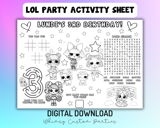 LOL Doll Party Placemat | Download Birthday Activity Sheet | LOL Surprise Coloring Page & Word Search | Printable Kids Game