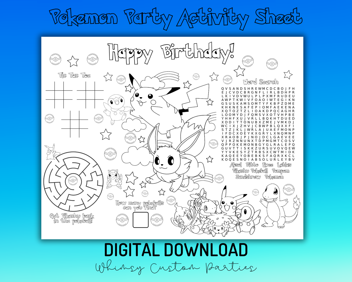 Pokemon Party Placemat | Instant Download Birthday Activity Sheet | Pokemon Coloring Page & Word Search | Printable Kids Party Game