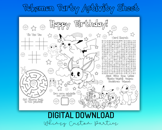 Pokemon Party Placemat | Instant Download Birthday Activity Sheet | Pokemon Coloring Page & Word Search | Printable Kids Party Game