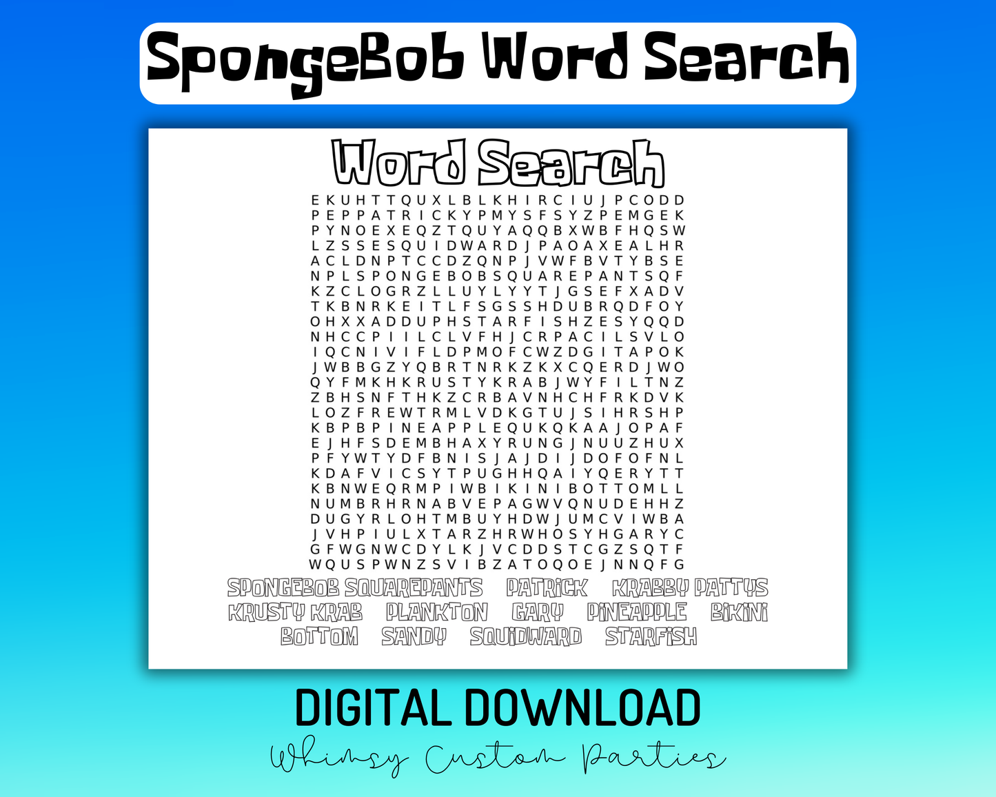 SpongeBob Party Placemat | Download Birthday Activity Sheet | SpongeBob Coloring Page & Word Search | Printable Kids Game