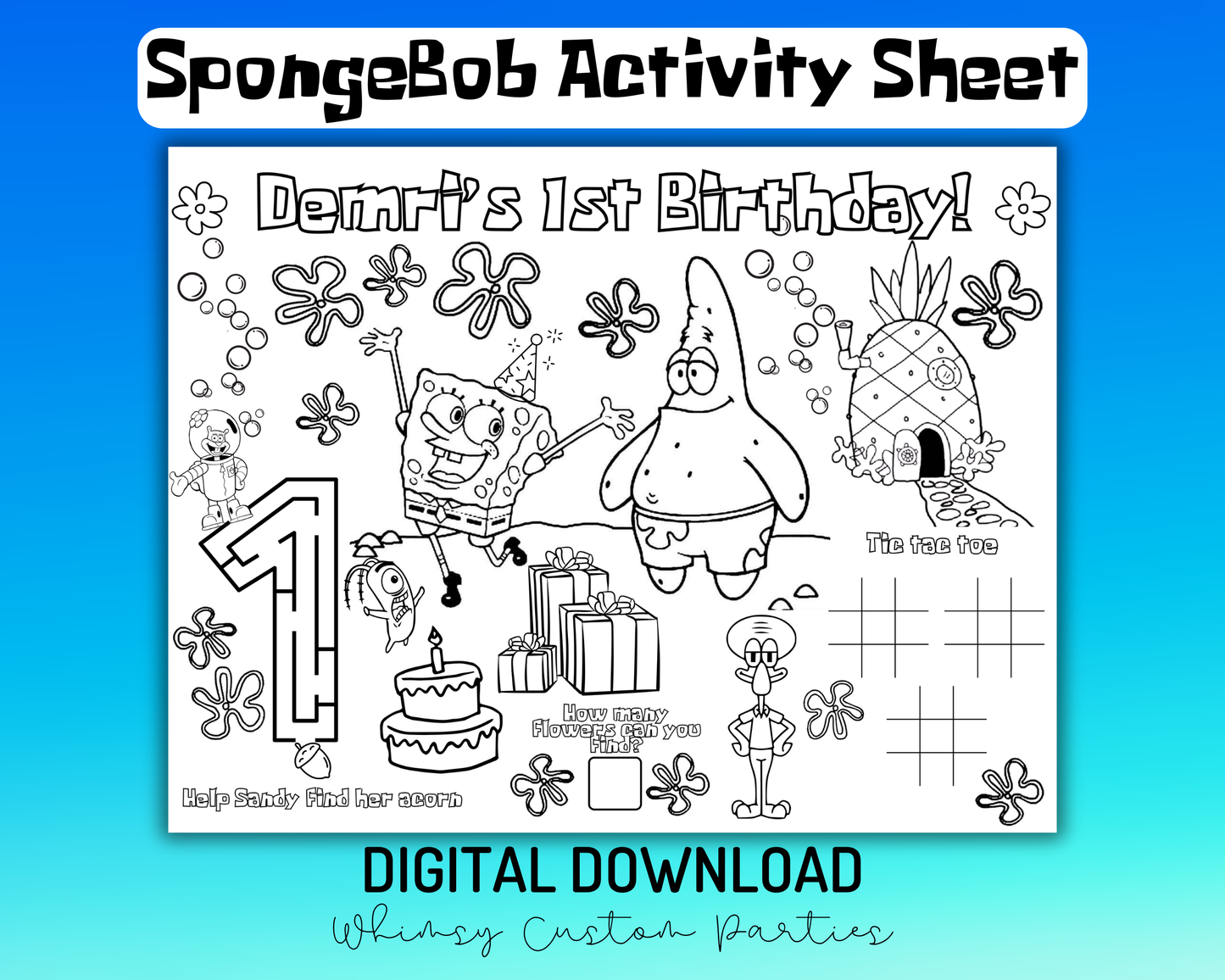 SpongeBob Party Placemat | Download Birthday Activity Sheet | SpongeBob Coloring Page & Word Search | Printable Kids Game
