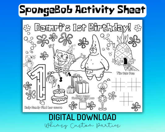 SpongeBob Party Placemat | Download Birthday Activity Sheet | SpongeBob Coloring Page & Word Search | Printable Kids Game