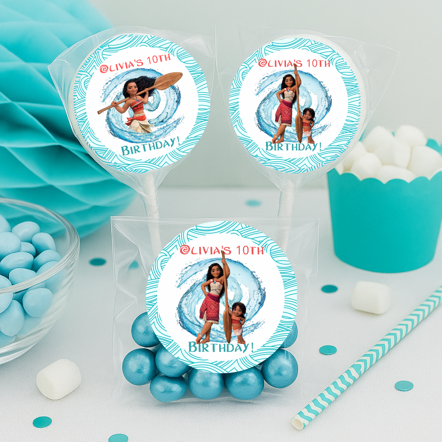Moana Ocean Wave Birthday Stickers – 2” Round – Custom Party Favor Labels (Set of 20)