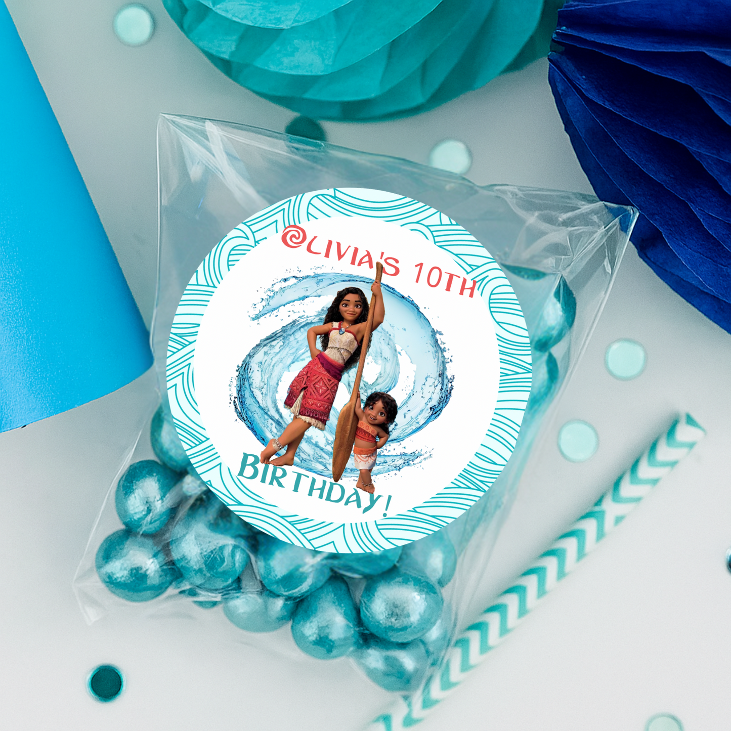 Moana Ocean Wave Birthday Stickers – 2” Round – Custom Party Favor Labels (Set of 20)
