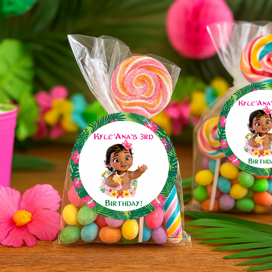 🌺 Baby Moana Inspired Birthday Stickers – 2” Round – Personalized Party Favor Labels (Set of 20)
